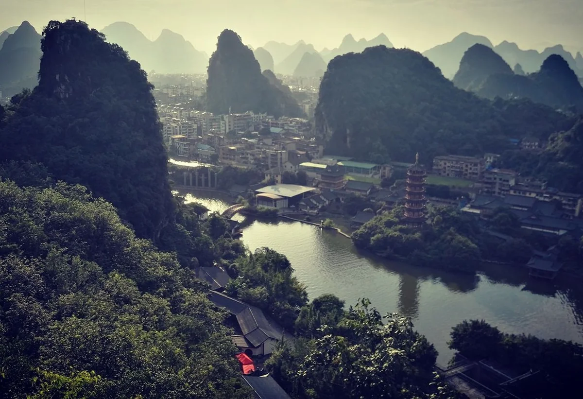 Guilin transportation hub with karst mountains